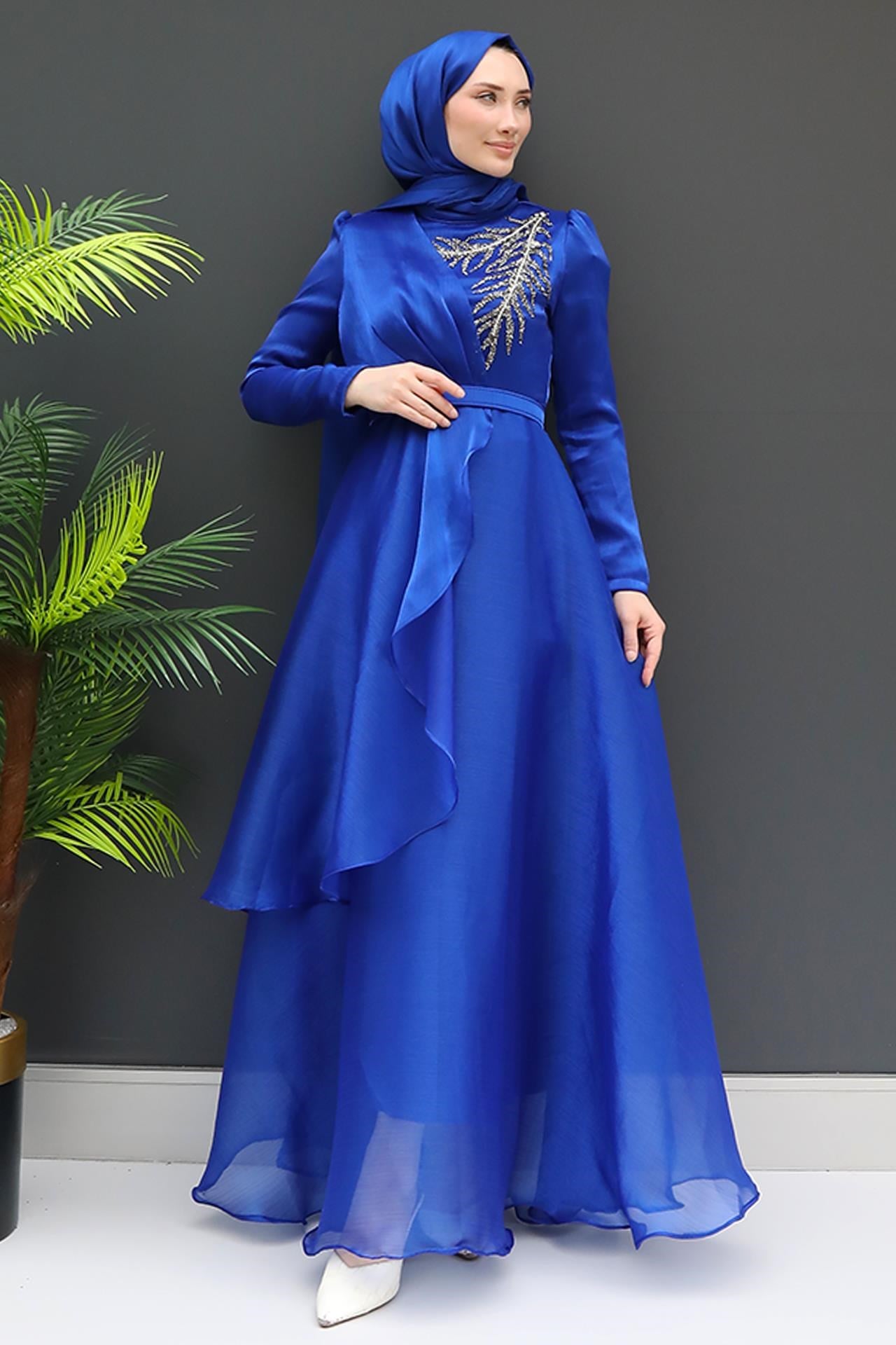 Taşlı Organze Abiye Saks
