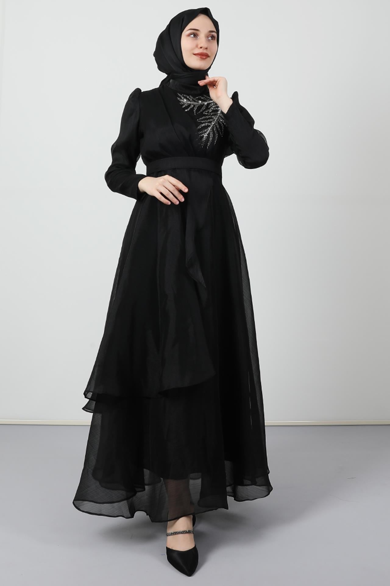 Taşlı Organze Abiye Siyah