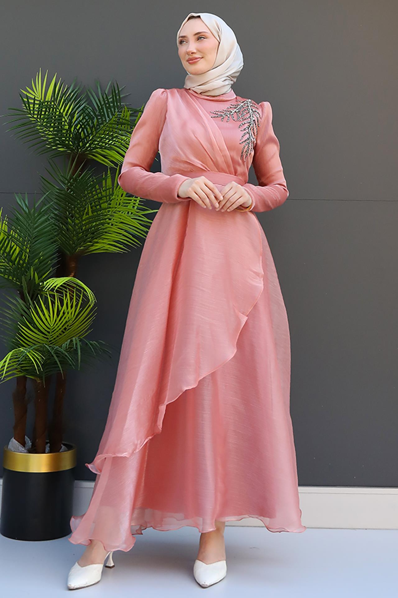 Taşlı Organze Abiye Soft Pembe