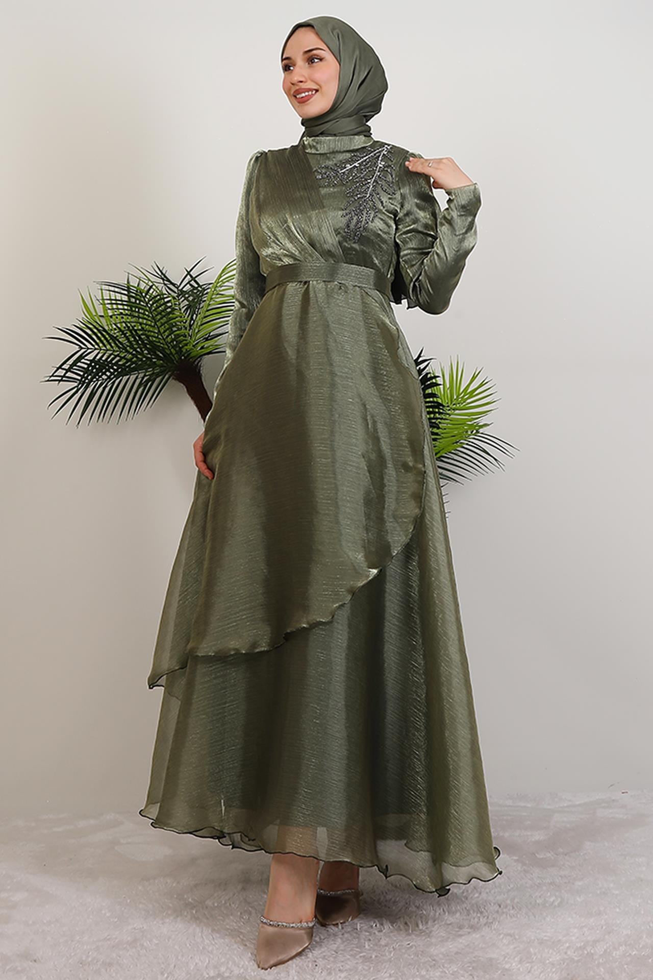 Taşlı Organze Abiye Yağ Yeşil