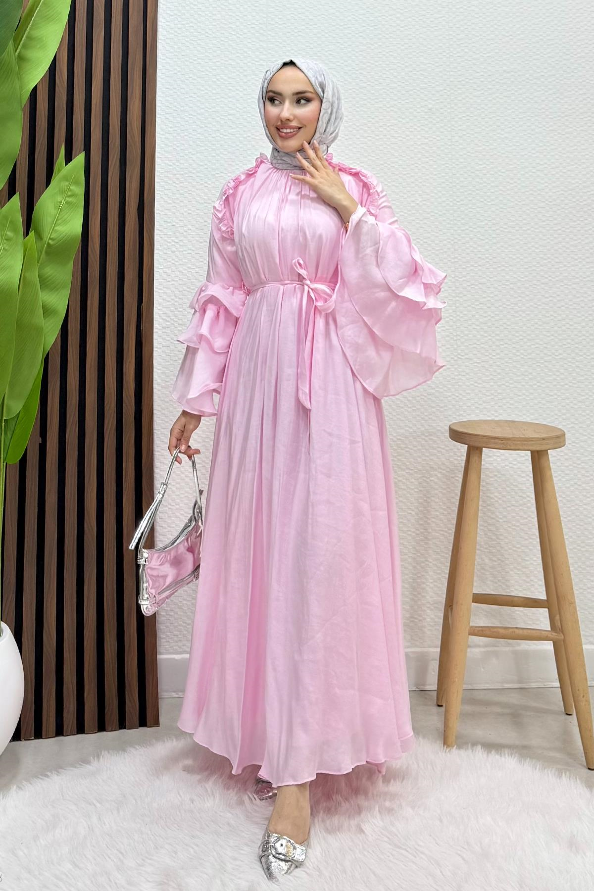 Volanlı Modal Elbise Soft Pembe