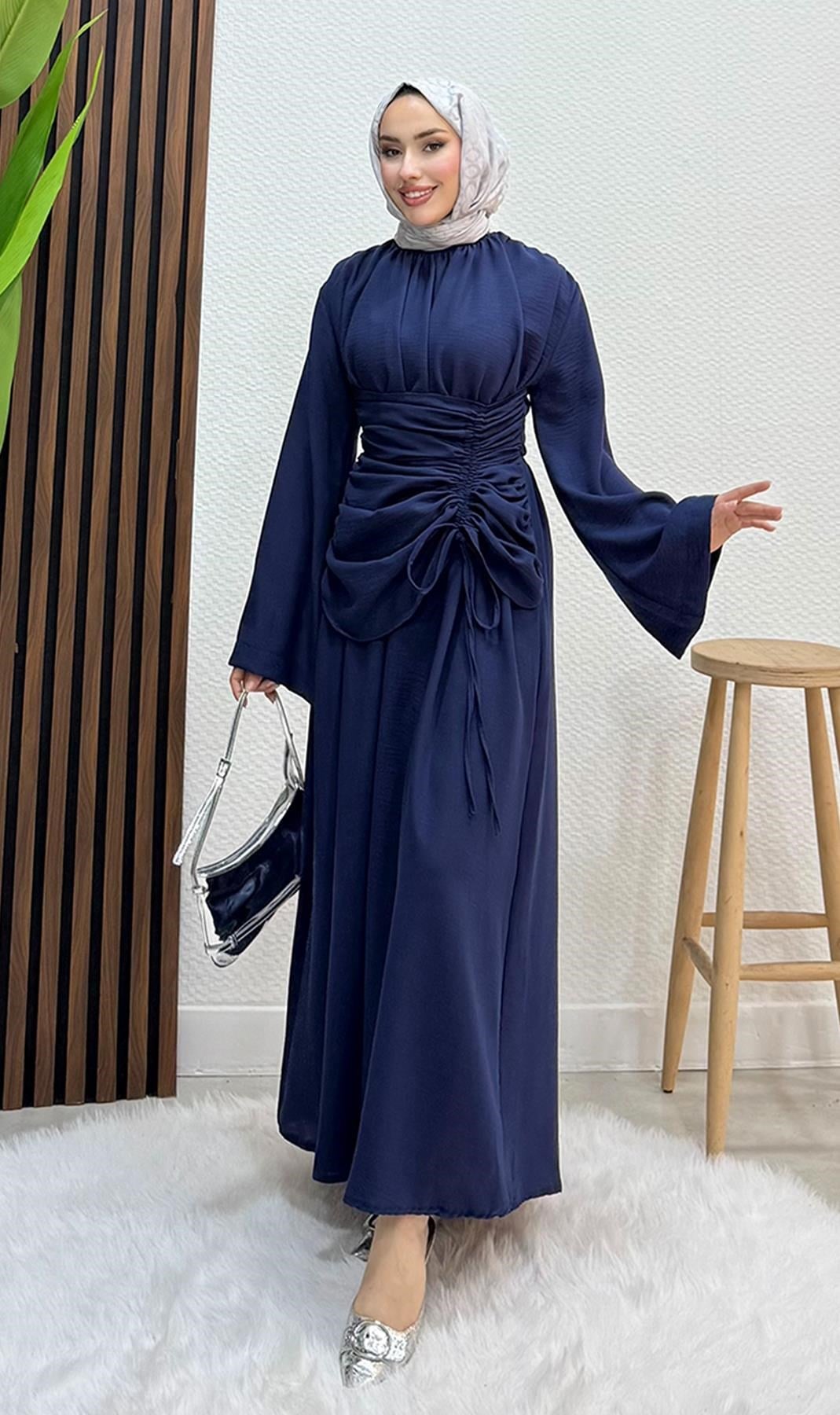 Yakası Önü Büzgülü Elbise Lacivert