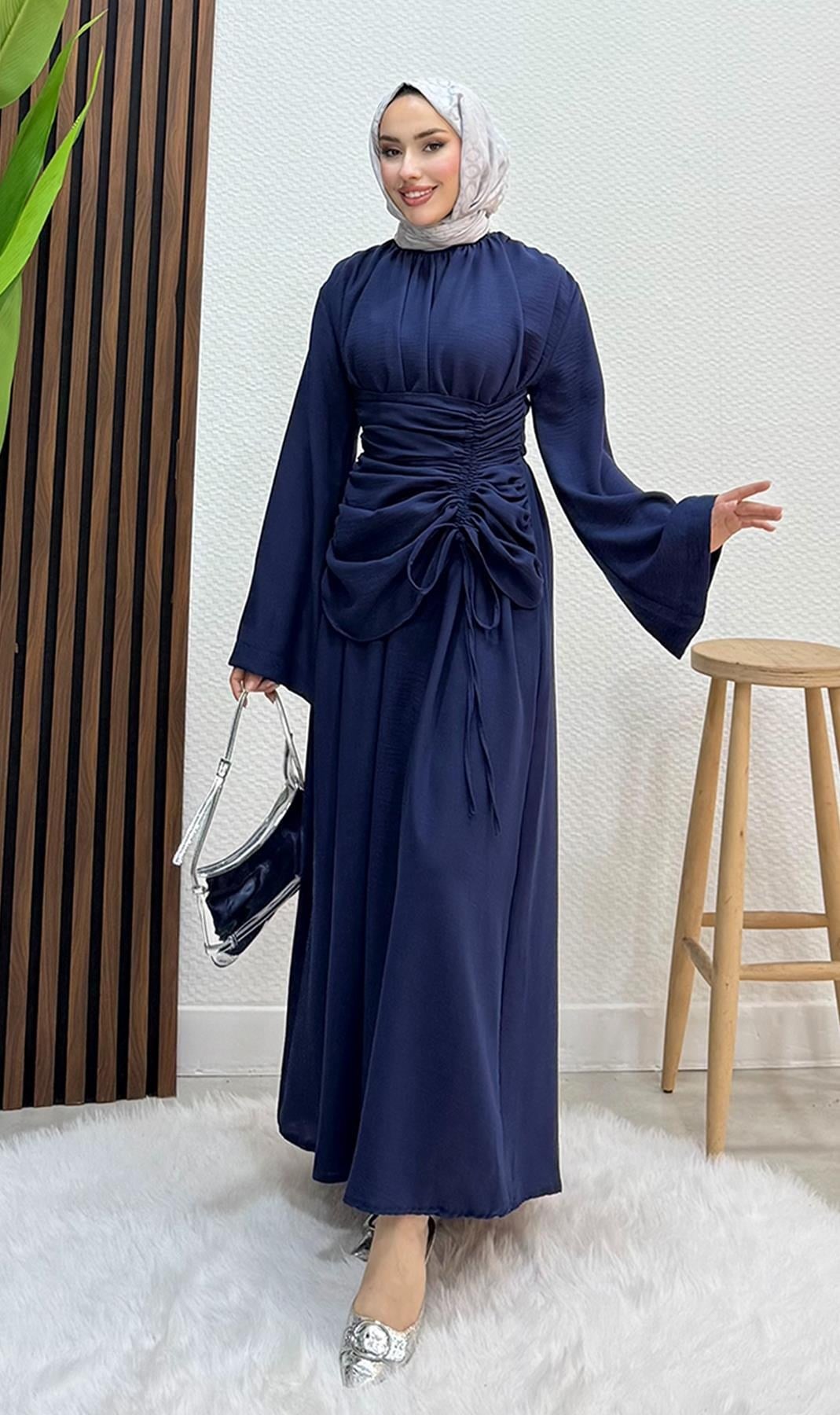 Yakası Önü Büzgülü Elbise Lacivert