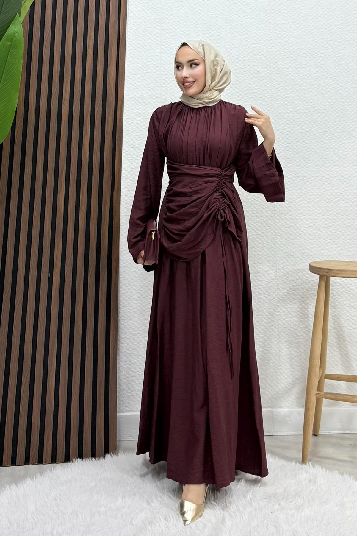 Yakası Önü Büzgülü Elbise Mürdüm