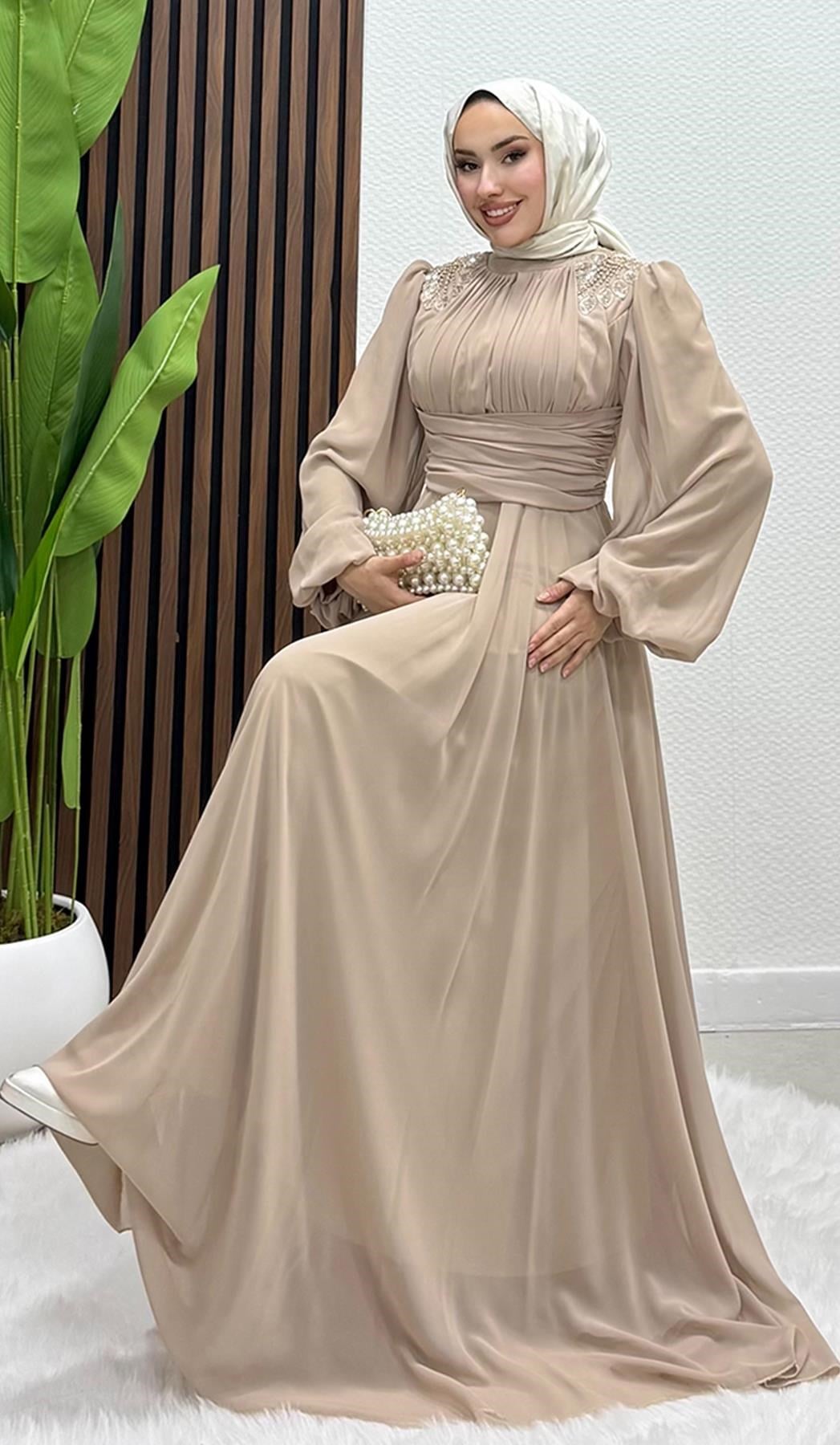 Yaprak İşleme Tül Abiye Bej