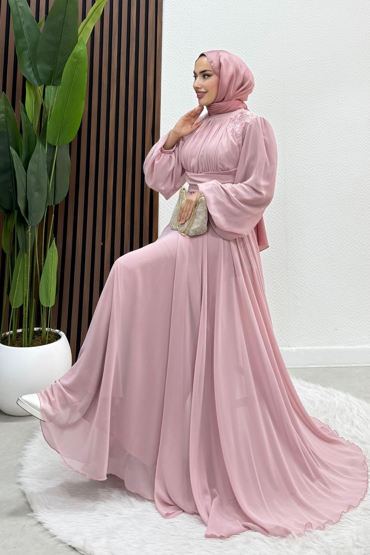 Yaprak İşleme Tül Abiye Soft Pembe