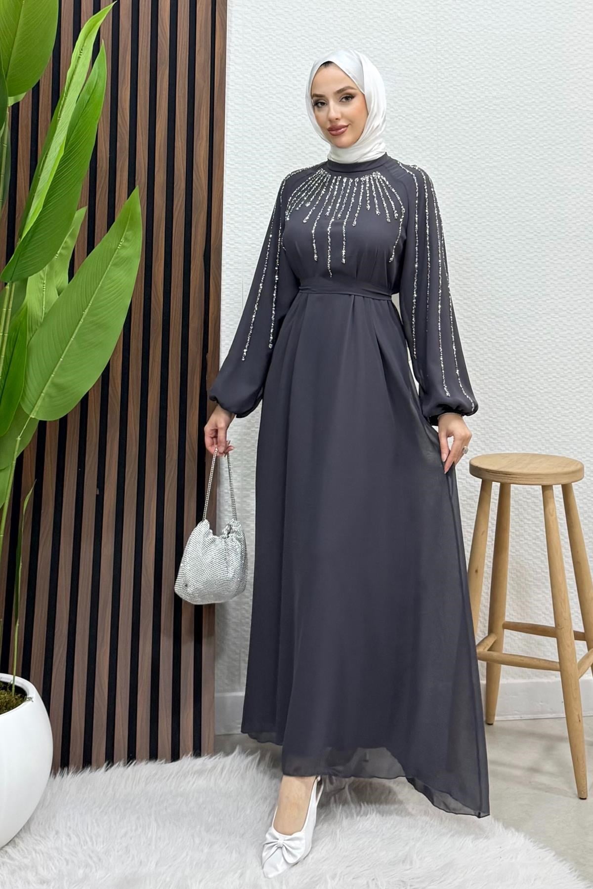 Yeşim Şifon Abiye Koyu Gri