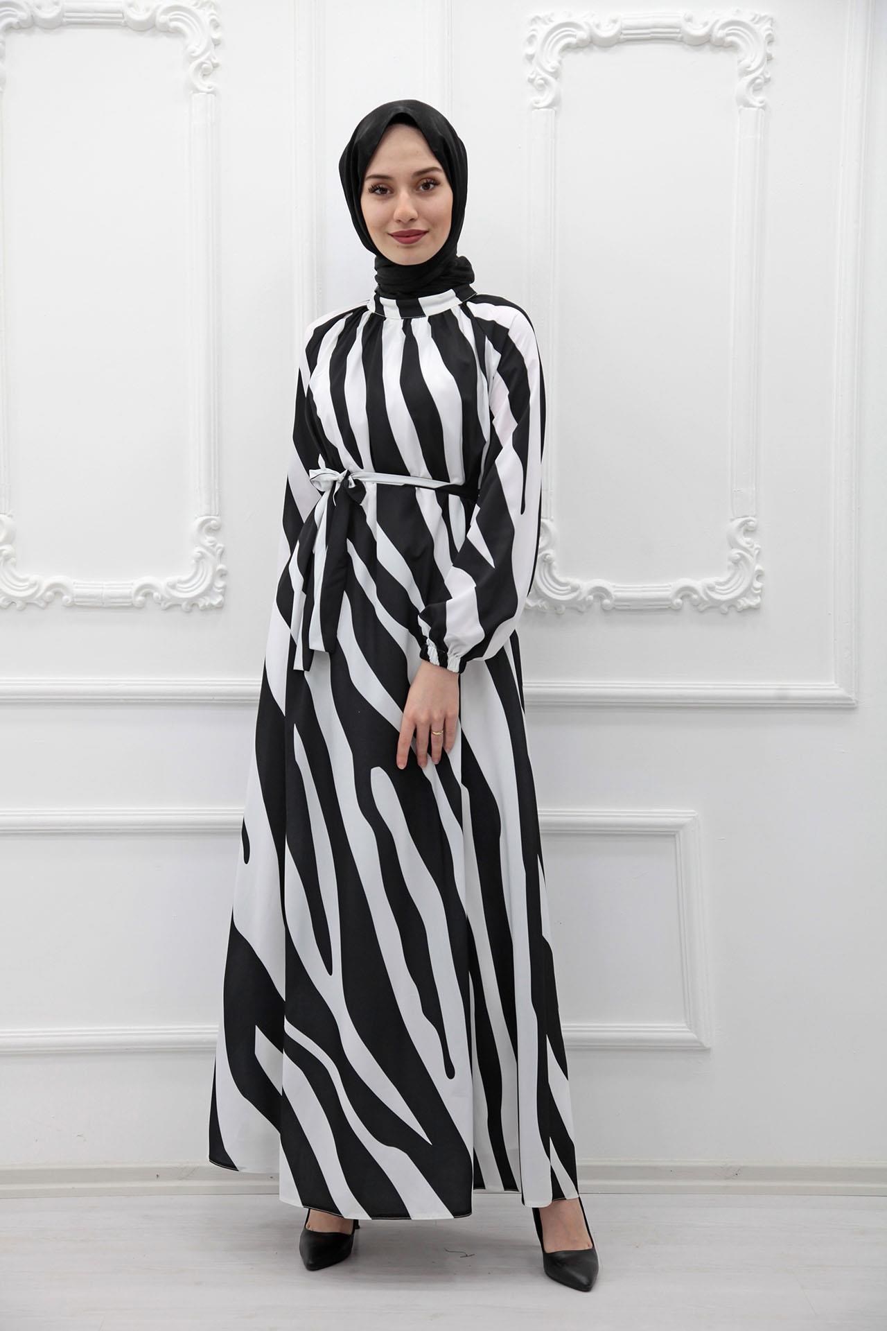 Zebra Desen Elbise Beyaz