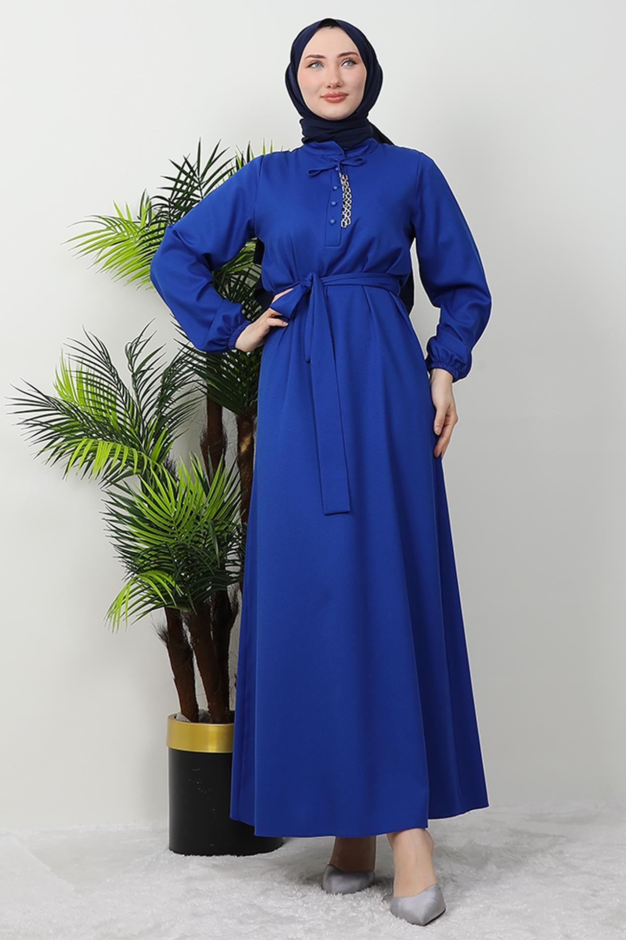Zincir Düğme Detay Elbise Saks