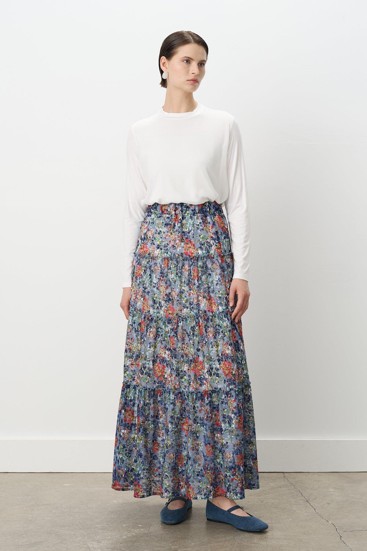 Nihan Beli Lastikli Çingene Poly. Viskon Etek İndigo