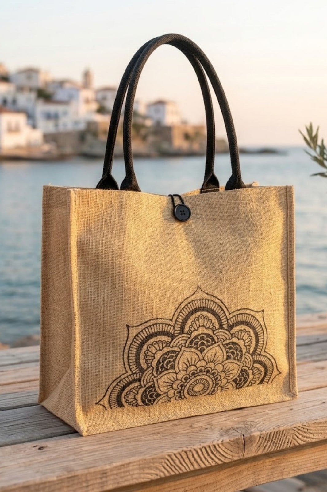 GNC DESIGN Natural Kadın Jüt Etnik Desenli Hasır Plaj Çantası