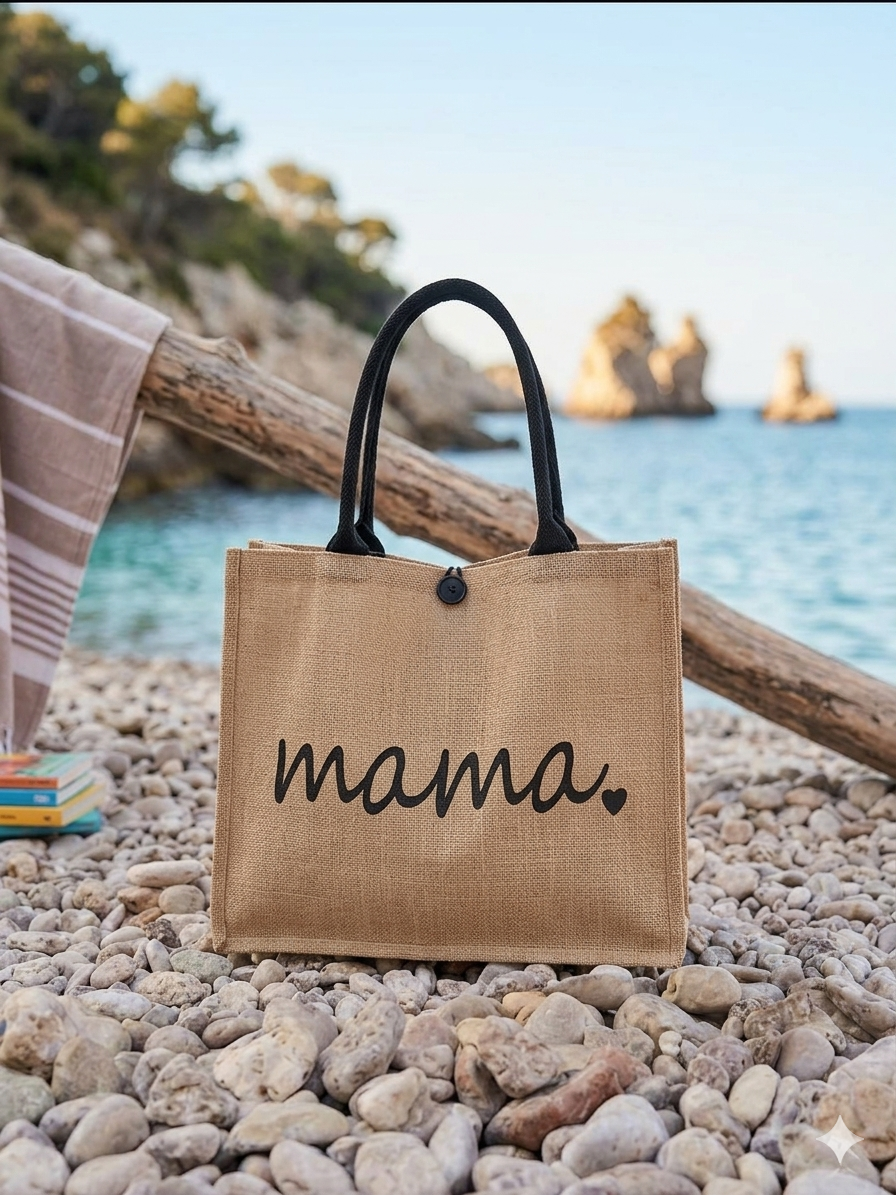 GNC DESIGN Natural Kadın Jüt Mama Desenli Hasır Plaj Çantası