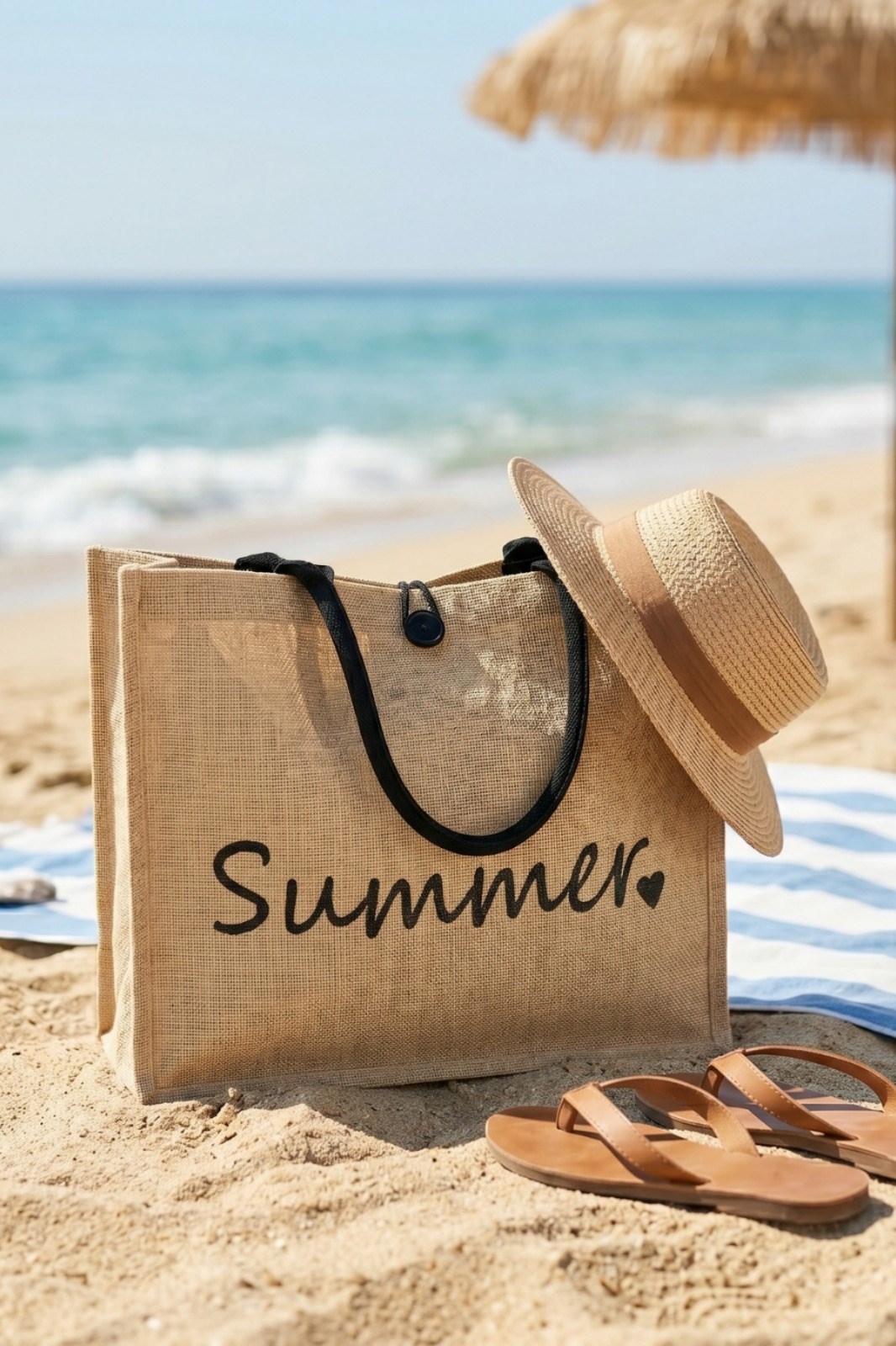GNC DESIGN Natural Kadın Jüt Summer Desenli Hasır Plaj Çantası