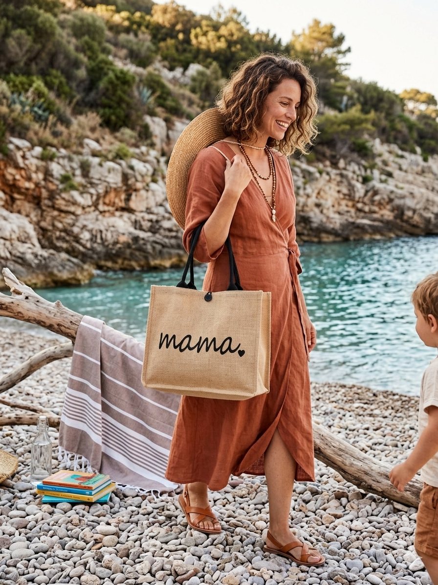 GNC DESİGN Natural Kadın Jüt Mama Desenli Hasır Plaj Çantası