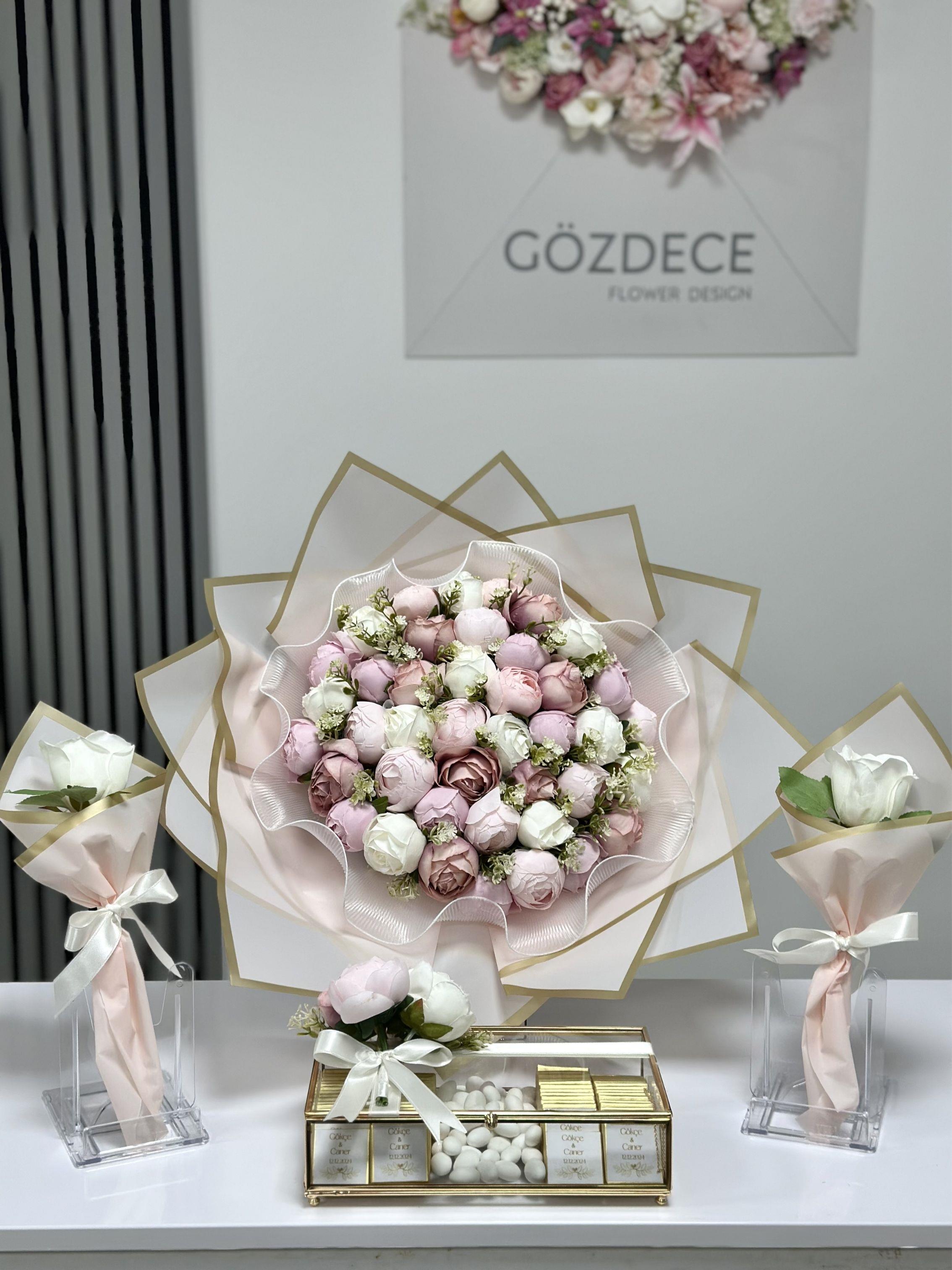 41'li Şakayık Soft Pembe Tonu Kız İsteme Seti, 80 Madlen Çikolata & Anne Çiçekleri