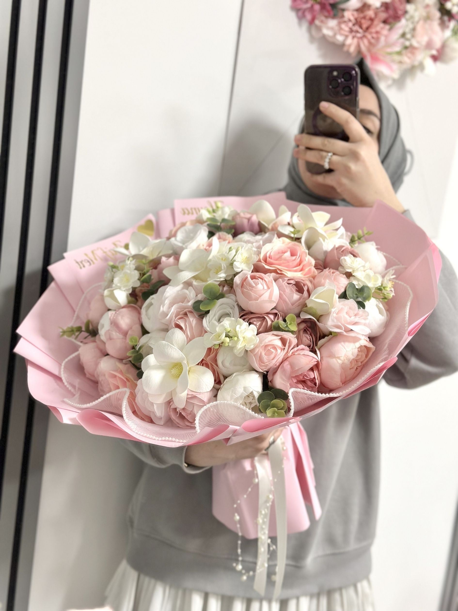 Blush Garden İsteme Buketi Zirve Boy – Pembe Beyaz Söz & Nişan Buketi