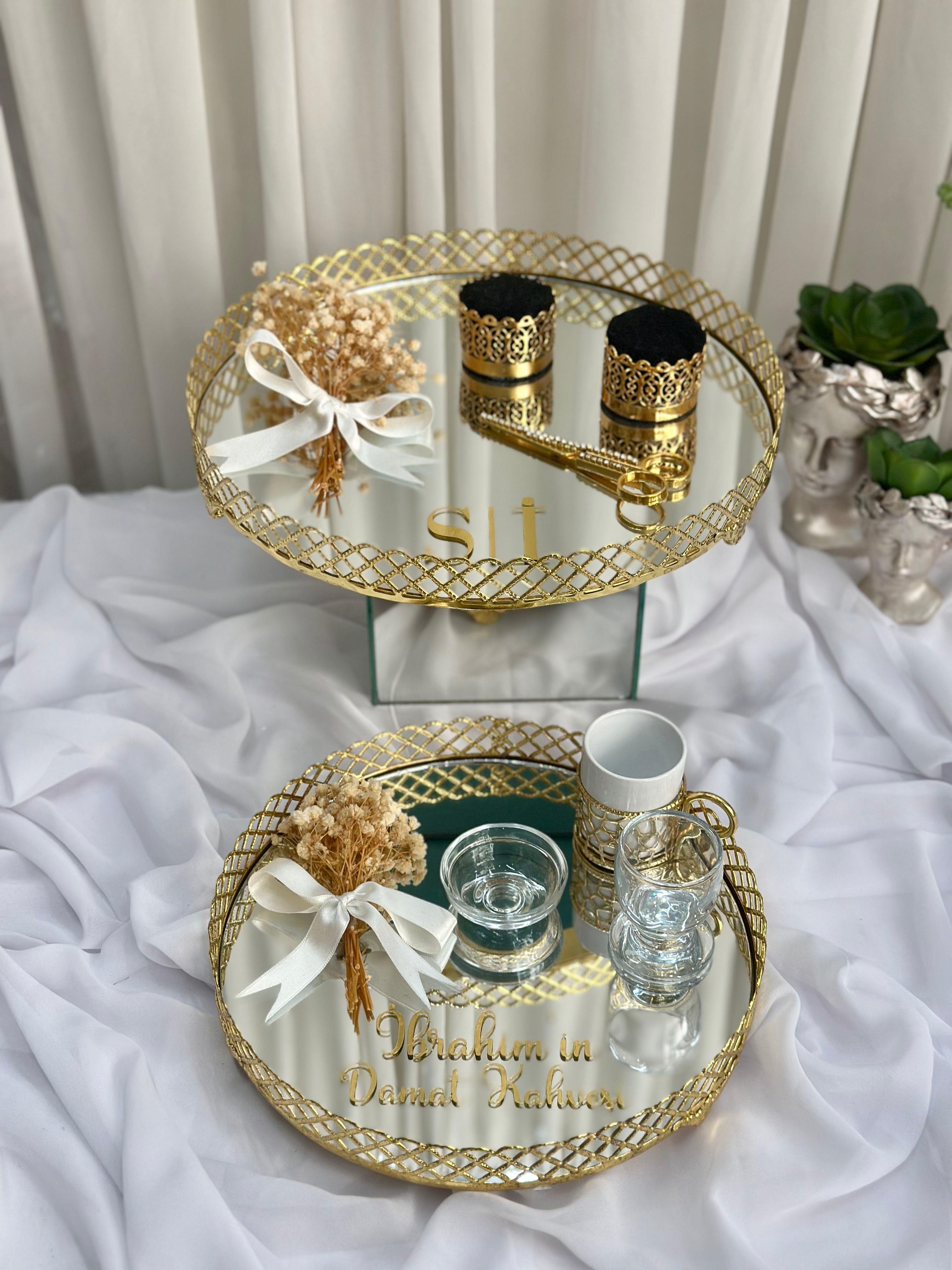 İsimli Baklava Desen Söz Nişan Tepsi Seti Damat Kahve Fincan Takımı