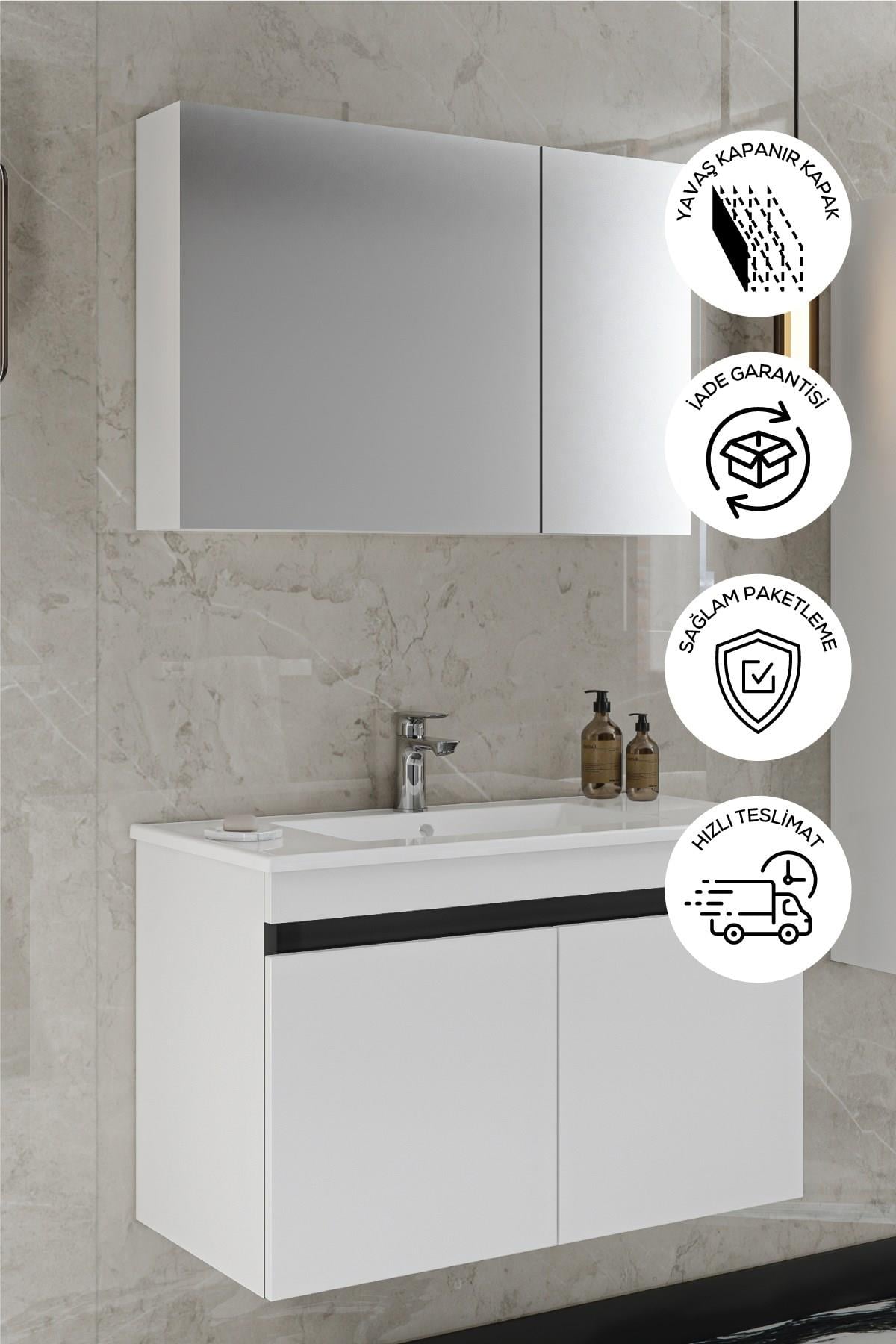 Banyo Idil 80 Cm Banyo Dolabı Aynalı Dolaplı Üst Dolap Lavabo 