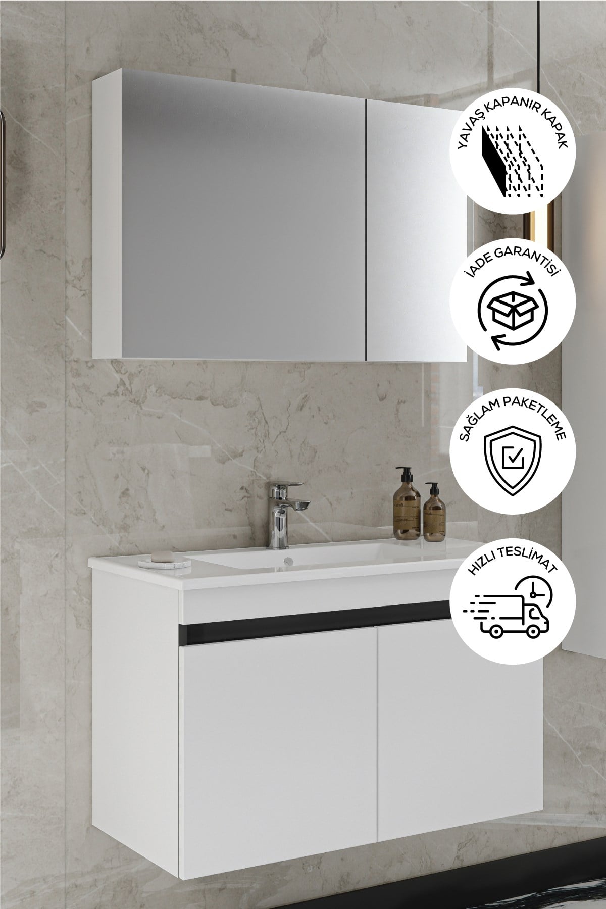 Banyo Idil 80 Cm Banyo Dolabı Aynalı Dolaplı Üst Dolap Lavabo 