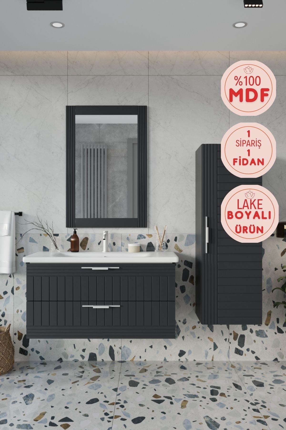Erguvan ANT Gümüş Kulp 100 Cm Banyo Dolabı Ayna Lavabo Boy Dolabı_Erguvan ANT Gümüş Kulplu Demonte 100 Cm Banyo Dolabı Ayna Lavabo Boy Dolabı | Balneom_BALNEOM_ERGUVAN ANTRASİT GÜMÜŞ KULPLU  100 SET
