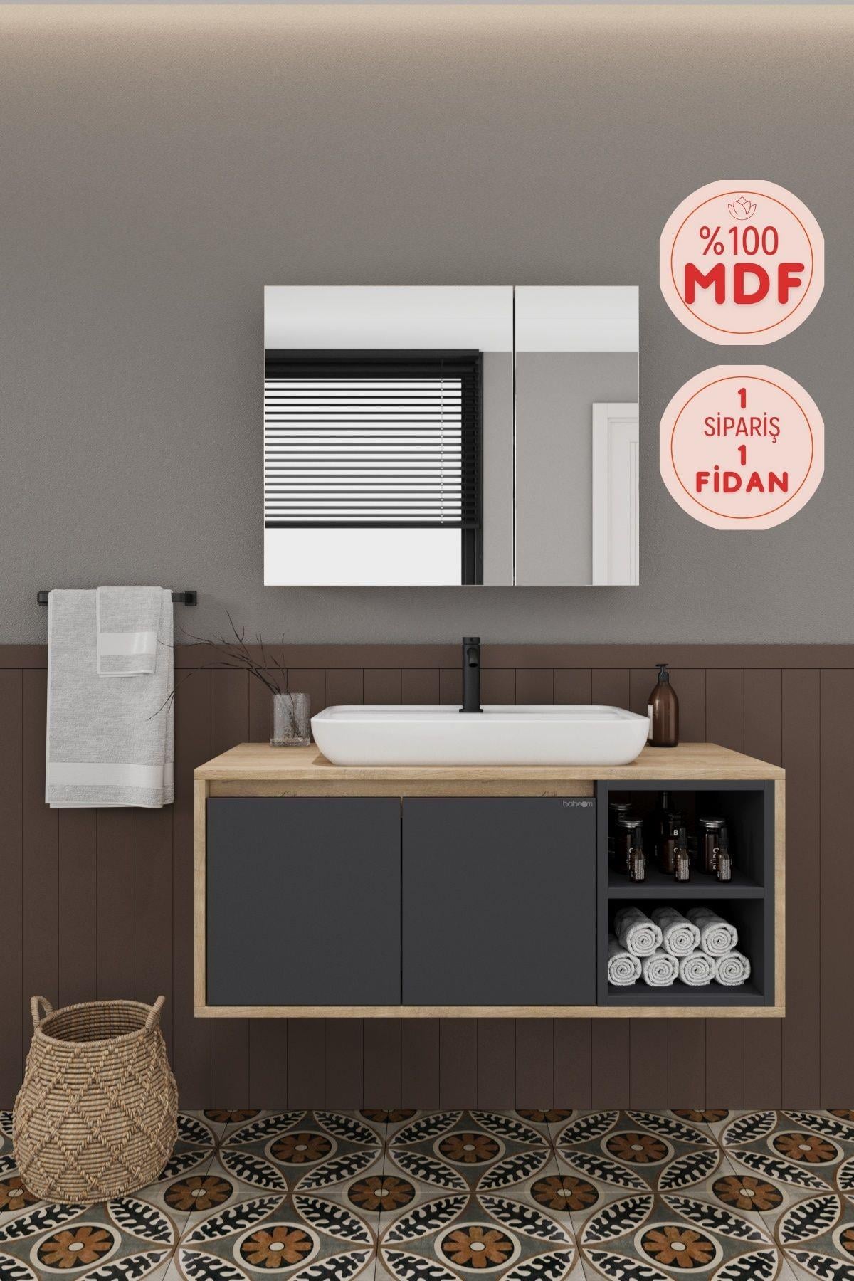 Lale 100 Cm %100 Mdf Lavabolu Banyo Dolabı + Aynalı Dolap__BALNEOM_Lale 100 cm