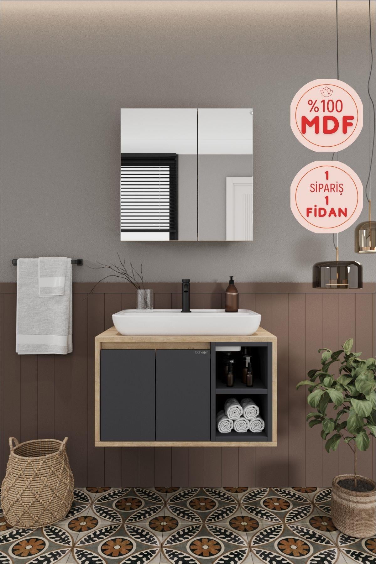 Lale 70 cm %100 Mdf Lavabolu Banyo  Dolabı + Aynalı Dolap__BALNEOM_Lale  70 cm
