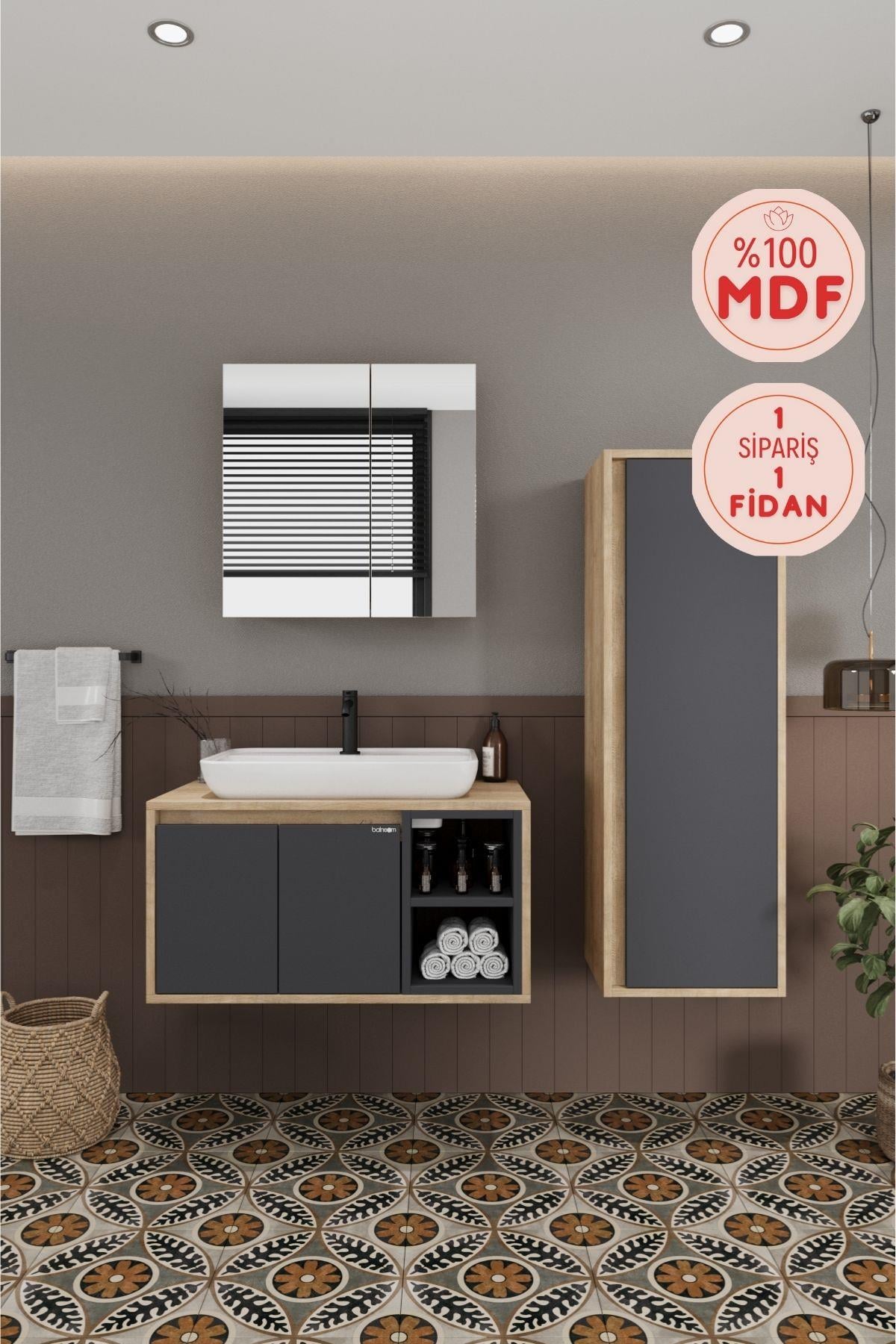 Lale 80 Cm  %100 Mdf Lavabolu Banyo Dolabı + Aynalı Dolap+ Boy Dolabı__BALNEOM_Lale 80 cm set