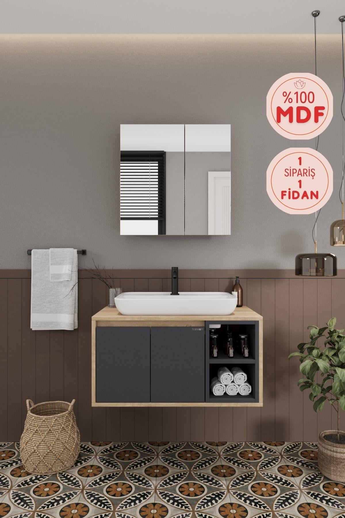 Lale 80 Cm %100 Mdf Lavabolu Banyo Dolabı + Aynalı Dolap__BALNEOM_Lale 80 cm