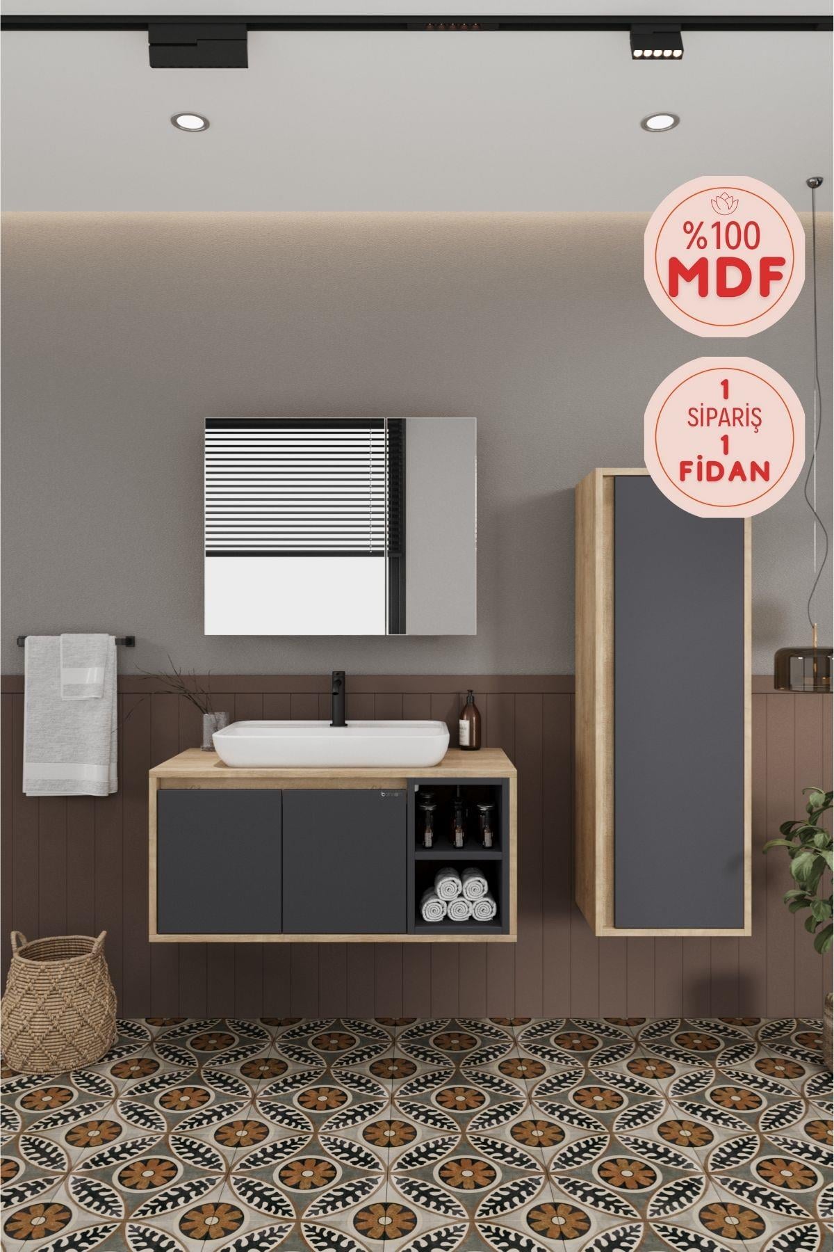 Lale 90 Cm %100 Mdf Lavabolu Banyo Dolabı + Boy Dolabı__BALNEOM_Lale 90 cm set