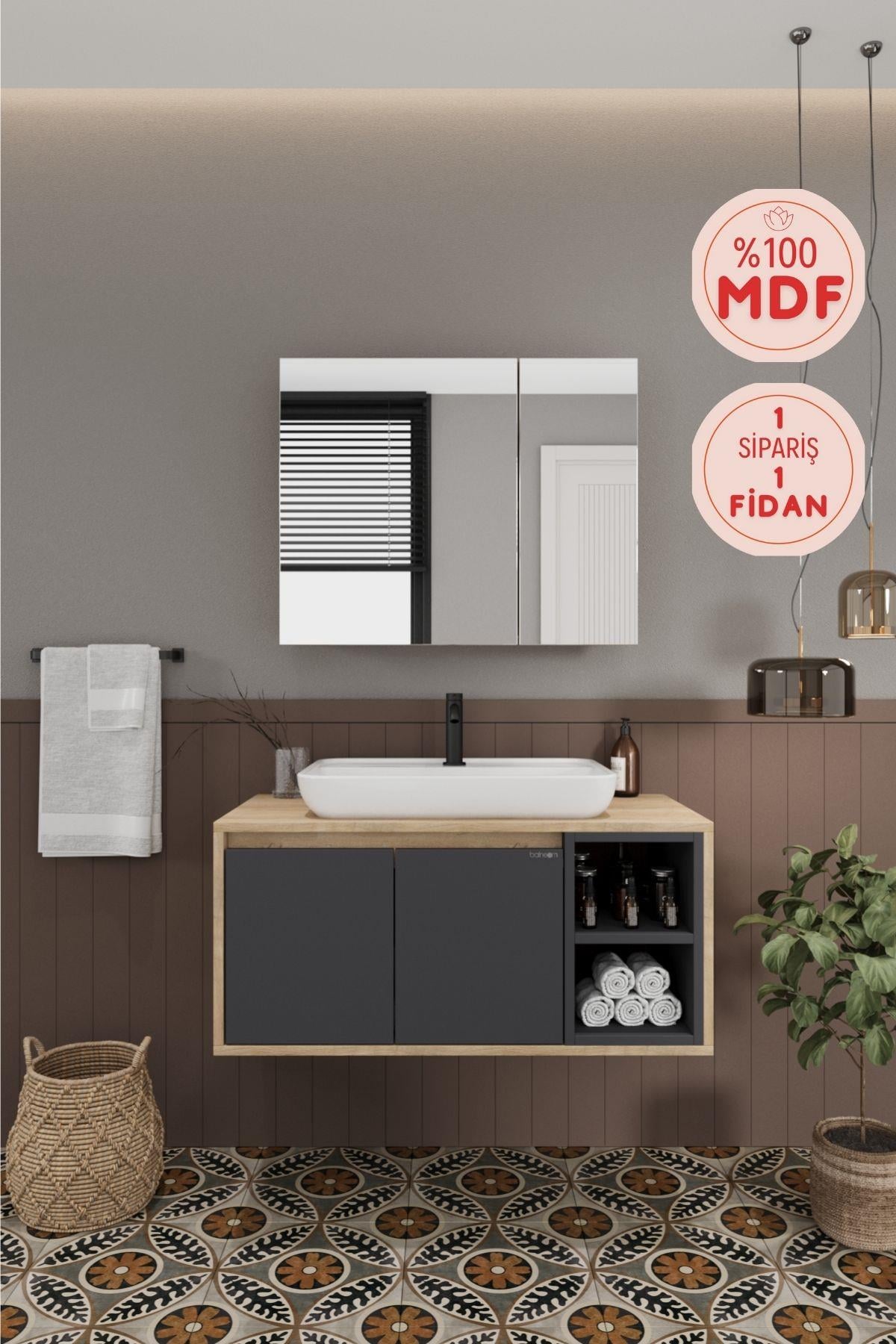 Lale 90 Cm %100 Mdf Lavabolu Banyo Dolabı + Aynalı Dolap__BALNEOM_Lale 90 cm