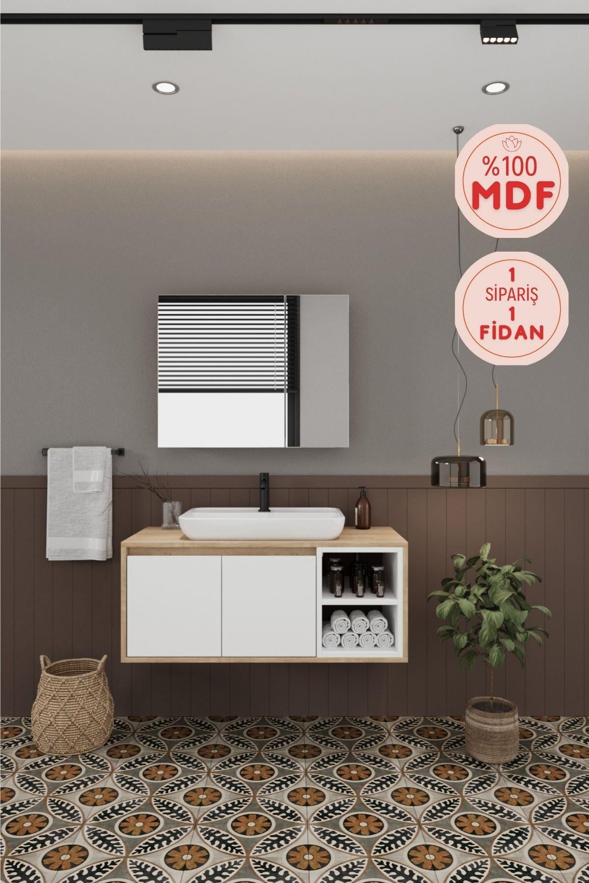 Lale Beyaz 100 Cm %100 Mdf Lavabolu Banyo Dolabı + Aynalı Dolap__BALNEOM_Lale Beyaz 100 cm
