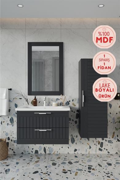 Balneom Banyo Erguvan  Gümüş Kulp 80 Cm Antrasit Lavabolu Banyo Dolabı Aynalı Üst Dolap Ve Boy Dolabı_Erguvan Gümüş Kulplu Demonte 80 Cm Antrasit Lavabolu Banyo Dolabı Aynalı Üst Dolap Ve Boy Dolabı | Balneom_BALNEOM_ERGUVAN ANTRASİT GÜMÜŞ KULPLU 80 SET