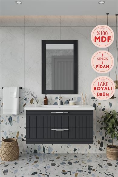 Balneom Erguvan Gümüş Kulp  Antrasit 100 Cm Banyo Dolabı Ayna Lavabo _Erguvan Antrasit DEMONTE 100 Cm Banyo Dolabı Ayna Lavabo | Balneom_BALNEOM_ERGUVAN GÜMÜŞ KULP ANTRASİT 100