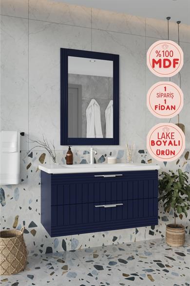 Erguvan Gümüş Kulp Lacivert 100 Cm Banyo Dolabı Ayna Lavabo _Erguvan Lacivert DEMONTE 100 Cm Banyo Dolabı Ayna Lavabo | Balneom_BALNEOM_ERGUVAN GÜMÜŞ KULP LACİVERT 100