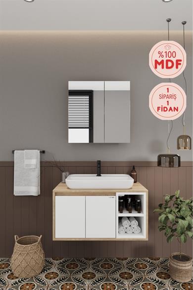 Lale Beyaz 80 Cm %100 Mdf Lavabolu Banyo Dolabı + Aynalı Dolap__BALNEOM_Lale Beyaz 80 cm