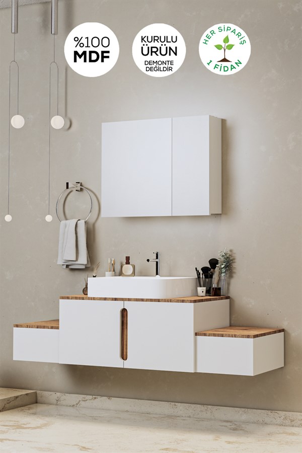 Balneom Banyo Limon 150 Cm Beyaz Banyo Dolabı Aynalı Dolaplı Üst Dolap ve  Lavabo - Balneom