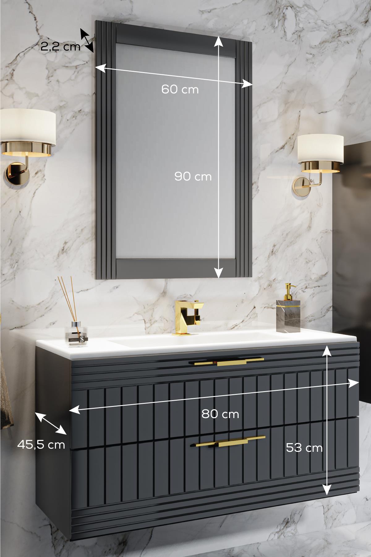 Balneom Banyo Erguvan 80 Cm Antrasit Lavabolu Banyo Dolabı Aynalı Üst Dolap  - Balneom