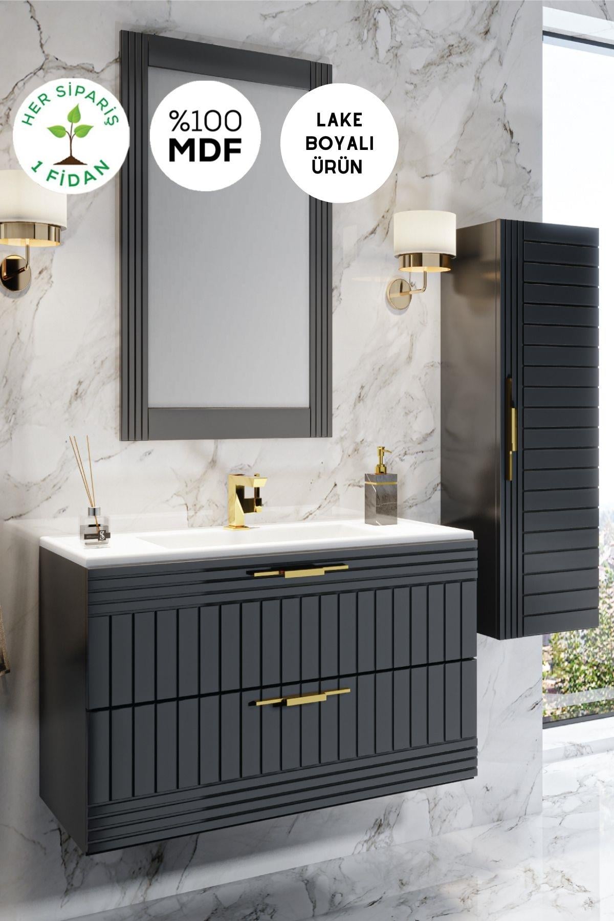 Balneom Banyo Erguvan 80 Cm Antrasit Lavabolu Banyo Dolabı Aynalı Üst Dolap Ve Boy Dolabı