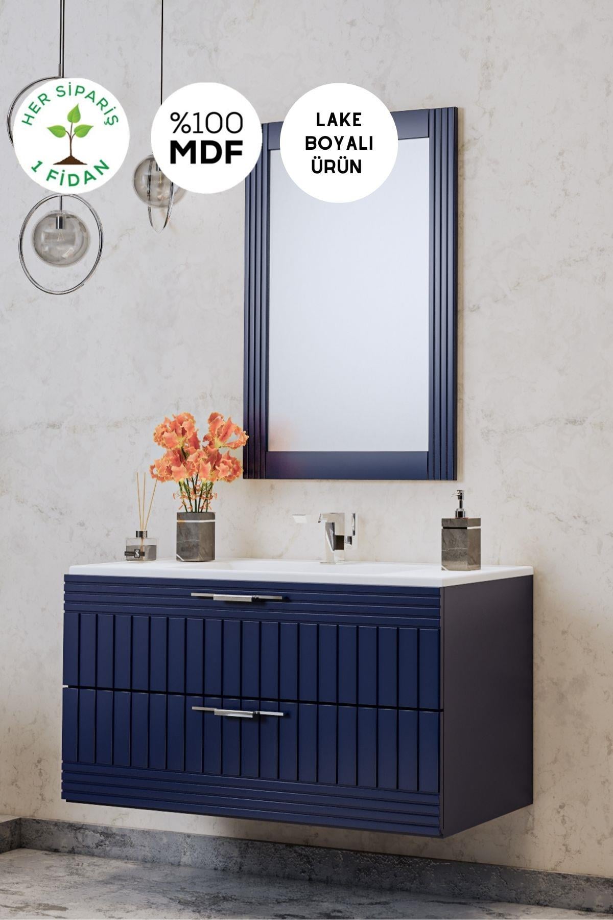 Balneom Banyo Erguvan 80 Cm Lacivert Lavabolu Banyo Dolabı Aynalı Üst Dolap 