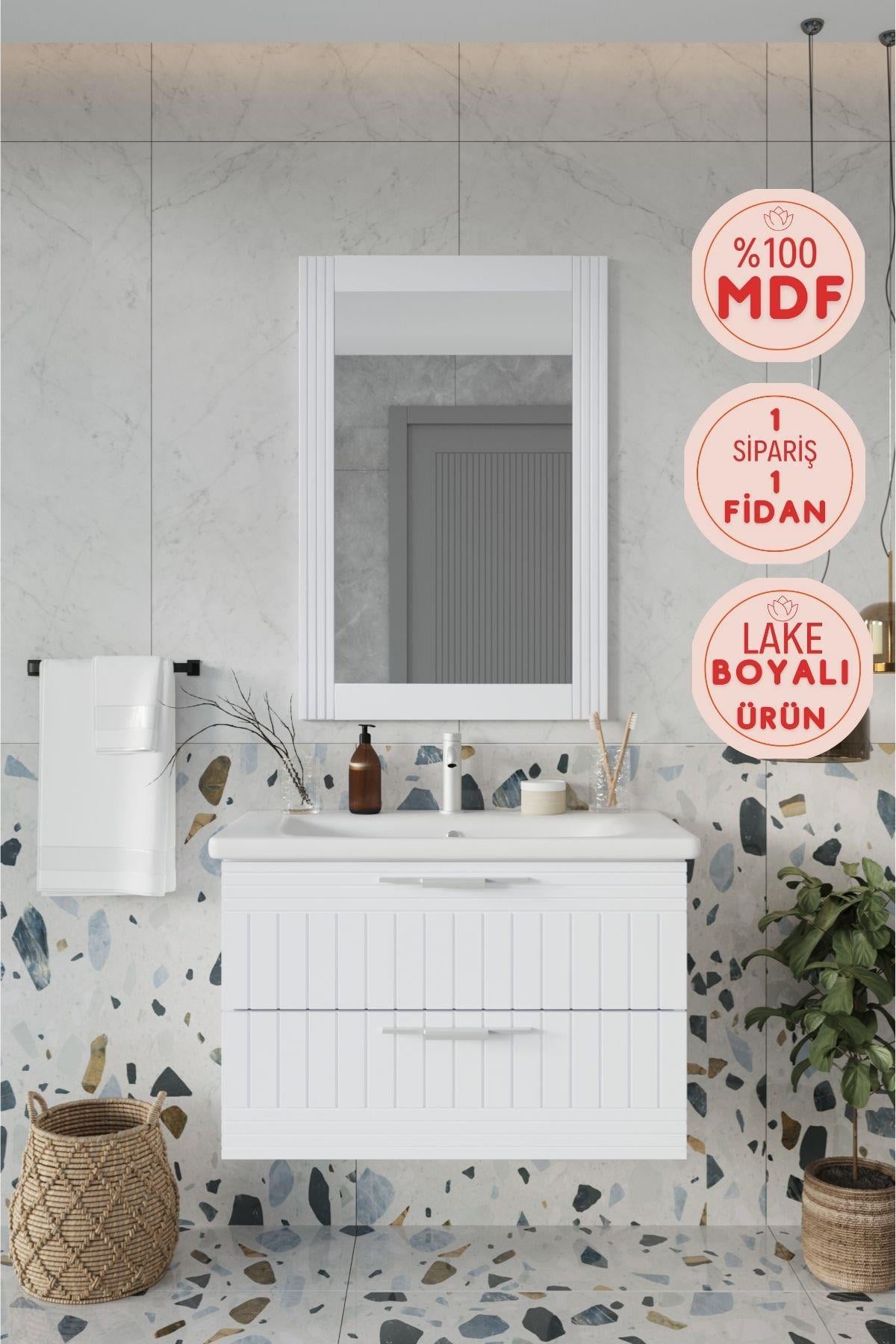 Balneom Banyo Erguvan Gümüş Kulp  80 Cm BEYAZ Lavabolu Banyo Dolabı Aynalı Üst Dolap _Erguvan DEMONTE 80 Cm BEYAZ Lavabolu Banyo Dolabı Aynalı Üst Dolap | Balneom_BALNEOM_ERGUVAN GÜMÜŞ KULP BEYAZ 80