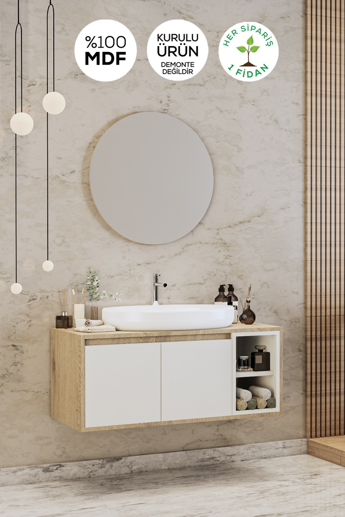 Balneom Banyo Gül Beyaz 80 Cm Banyo Dolabı Ayna Lavabo - Balneom