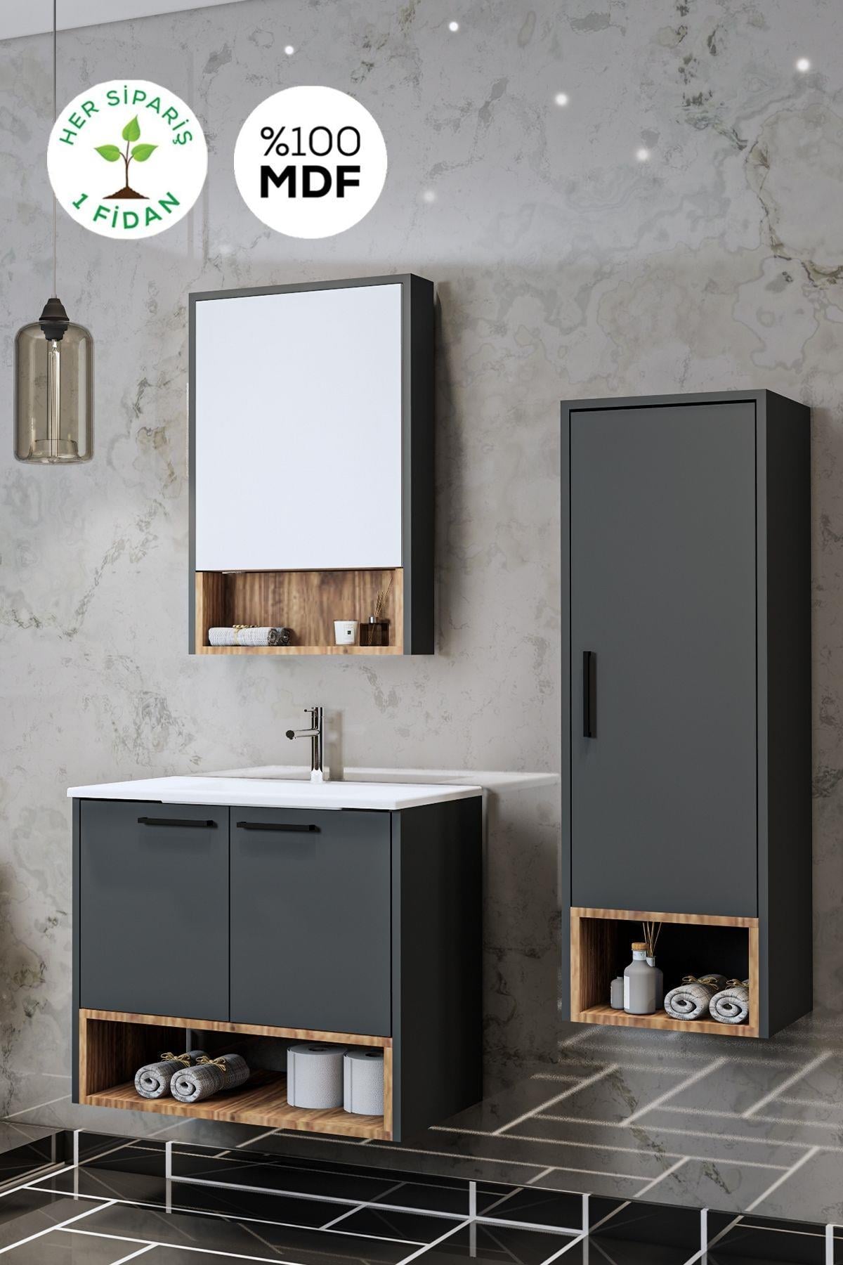 Balneom Banyo Karanfil 65 Cm Antrasit Lavabolu Banyo Dolabı Aynalı Üst Dolap Ve Boy Dolabı