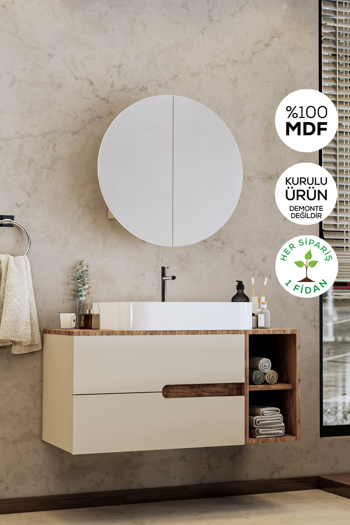 Balneom Banyo Koza 90 Cm MAT KREM  Banyo Dolabı Aynalı Dolaplı Üst Dolap Raf ve Lavabo 
