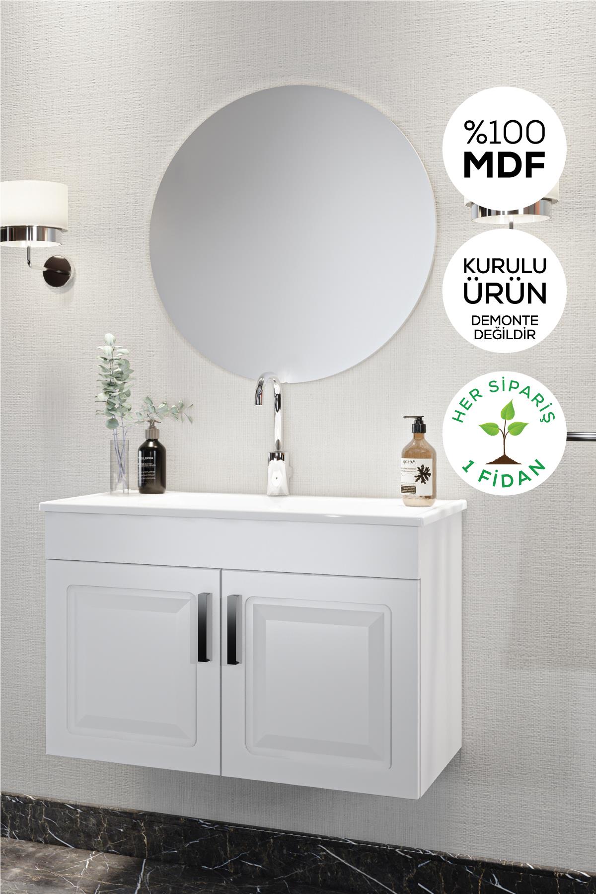 Balneom Banyo Reyhan  Beyaz 65 Cm Lavabolu Banyo Dolabı Aynalı Üst Dolap 