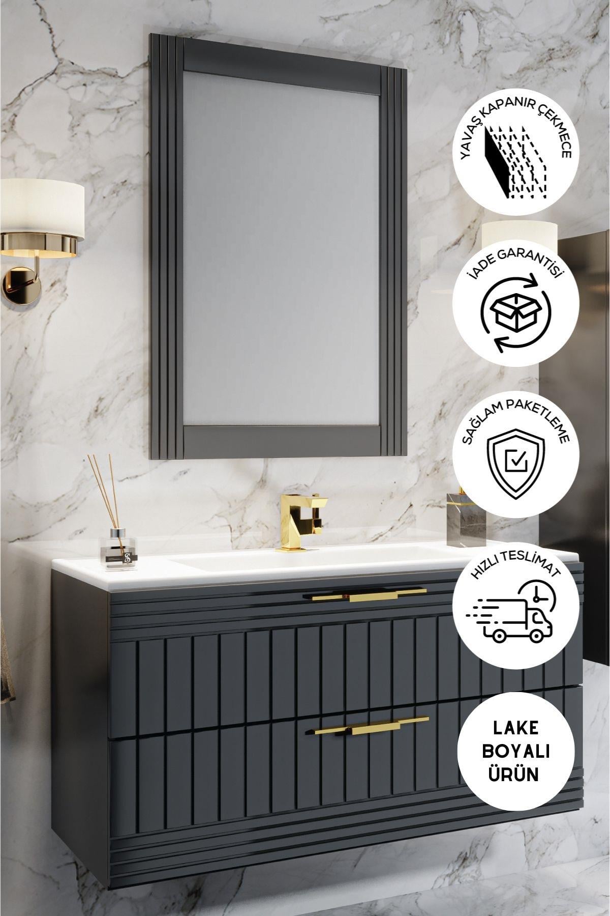 Balneom Erguvan Antrasit 100 Cm Banyo Dolabı Ayna Lavabo 