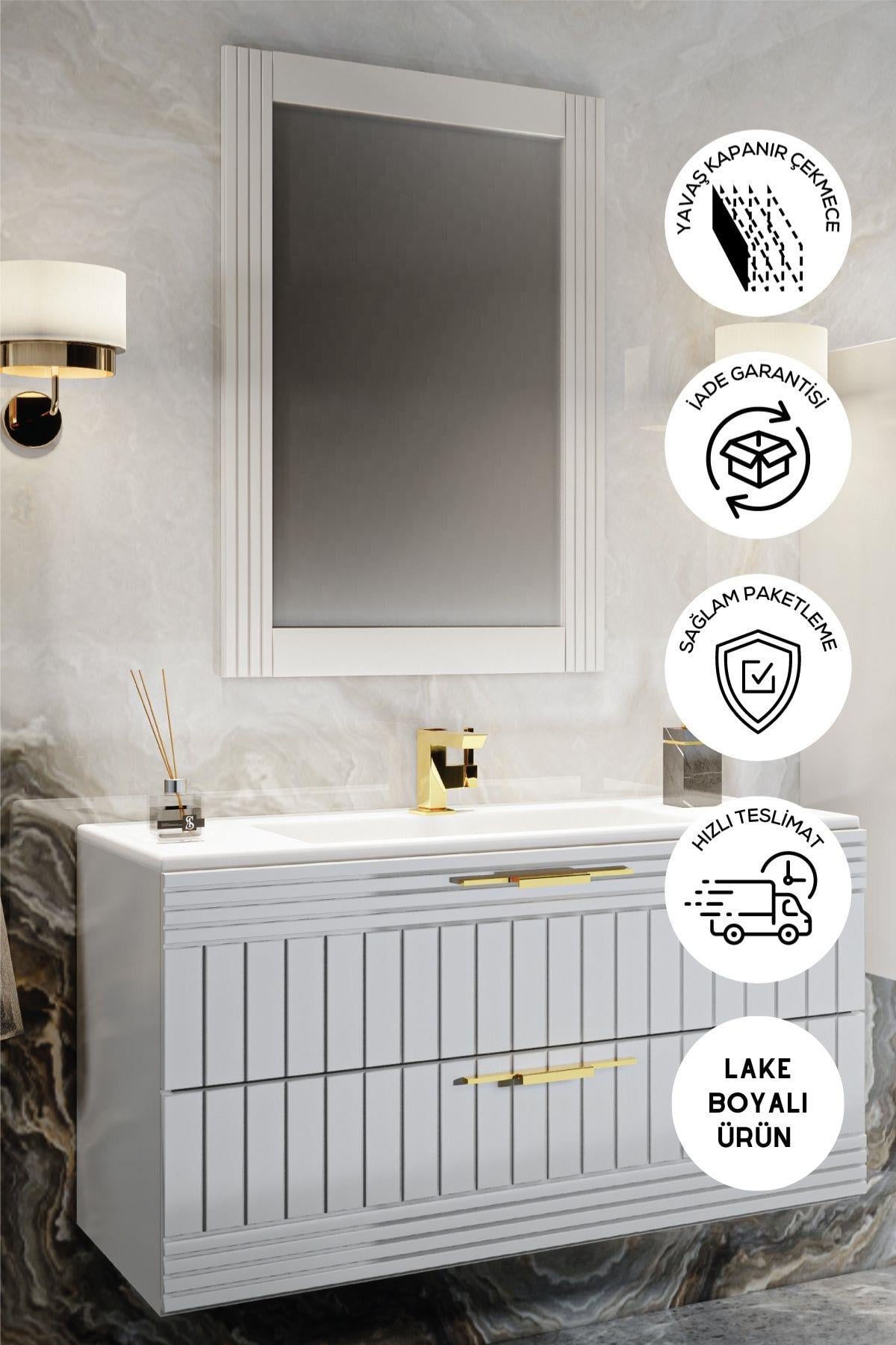 Balneom Erguvan Beyaz 100 Cm Banyo Dolabı Ayna Lavabo 