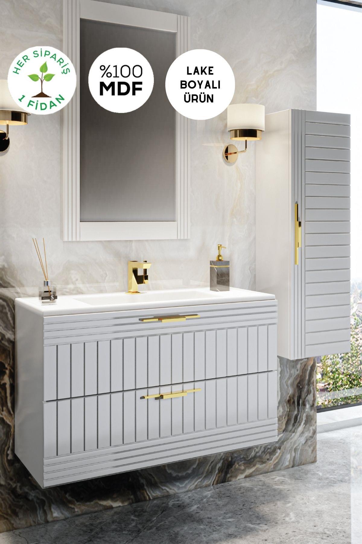 Balneom Erguvan Beyaz 80 Cm Banyo Dolabı Ayna Lavabo Boy Dolabı
