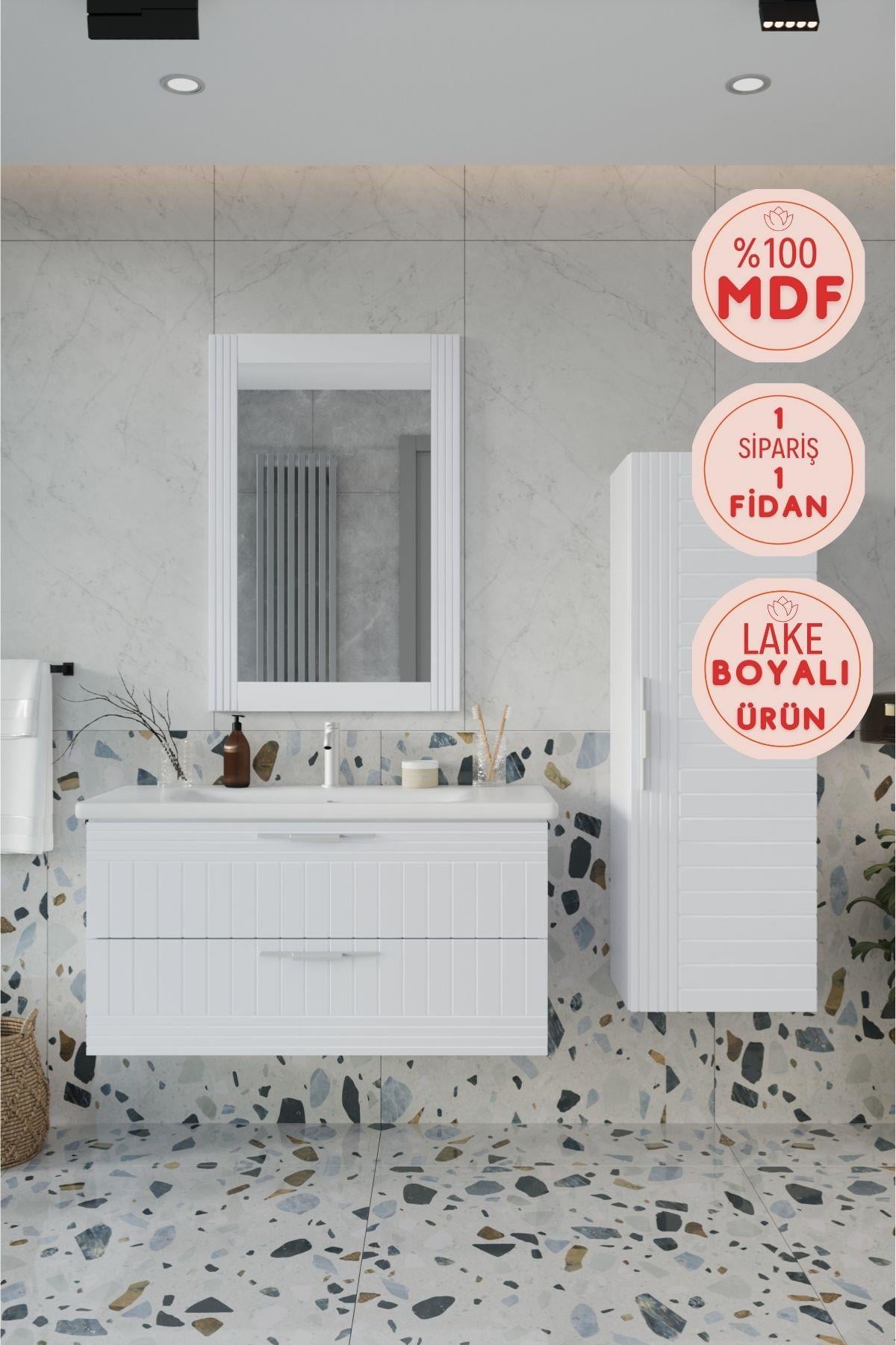 Balneom Erguvan Gümüş Kulp  Beyaz 100 Cm Banyo Dolabı Ayna Lavabo Boy Dolabı_Erguvan Beyaz DEMONTE 100 Cm Banyo Dolabı Ayna Lavabo Boy Dolabı | Balneom_BALNEOM_ERGUVAN GÜMÜŞ KULP BEYAZ 100 SET
