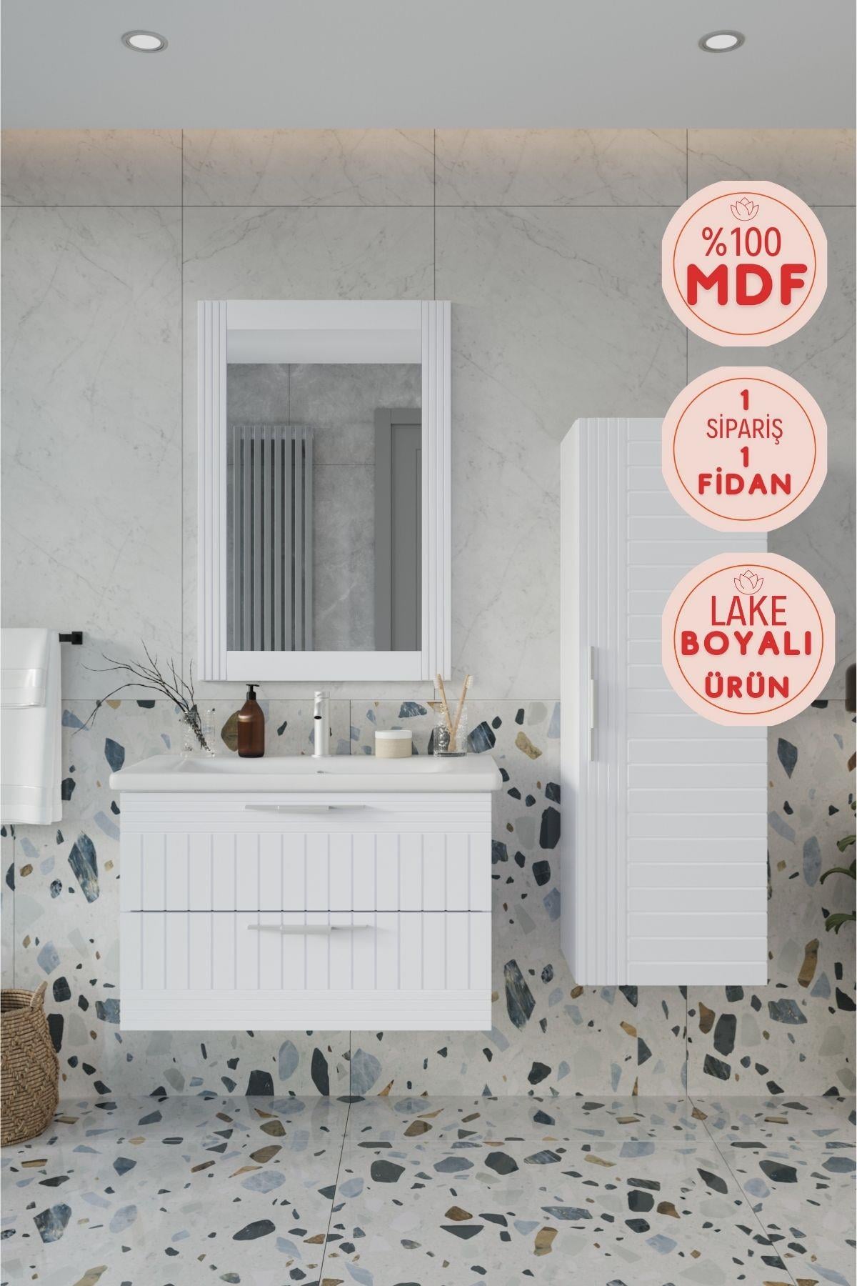 Balneom Erguvan Gümüş Kulp Beyaz  80 Cm Banyo Dolabı Ayna Lavabo Boy Dolabı_Erguvan Gümüş Kulplu Beyaz Demonte 80 Cm Banyo Dolabı Ayna Lavabo Boy Dolabı | Balneom_BALNEOM_ERGUVAN GÜMÜŞ KULP BEYAZ 80 SET