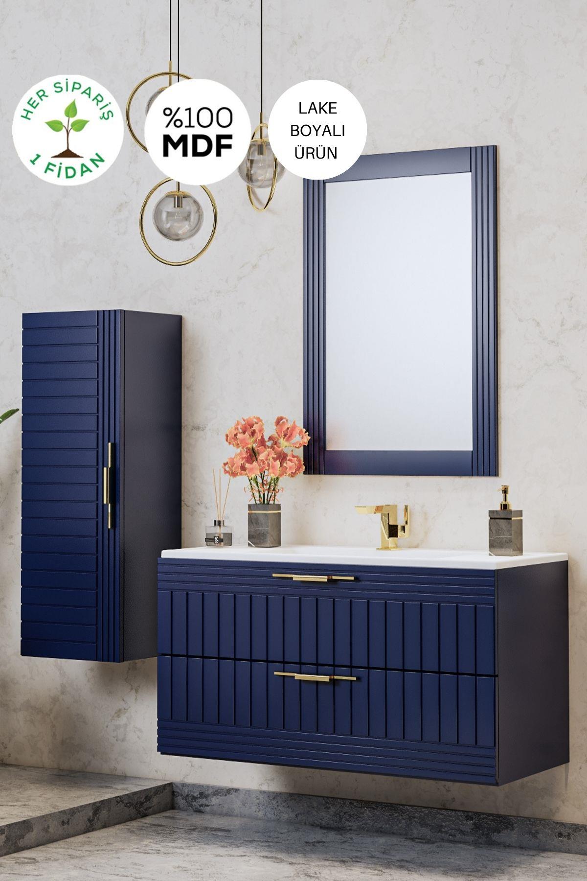 Balneom Erguvan Lacivert 100 Cm Banyo Dolabı Ayna Lavabo Boy Dolabı
